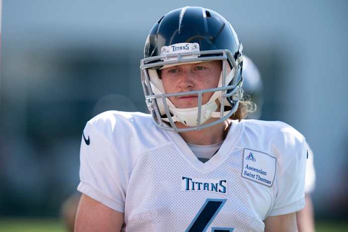 Tennessee Titans punter Ryan Stonehouse (4) walks across the field during a joint training camp practice against the Arizona Cardinals at Ascension Saint Thomas Sports Park Wednesday, Aug. 24, 2022, in Nashville, Tenn.